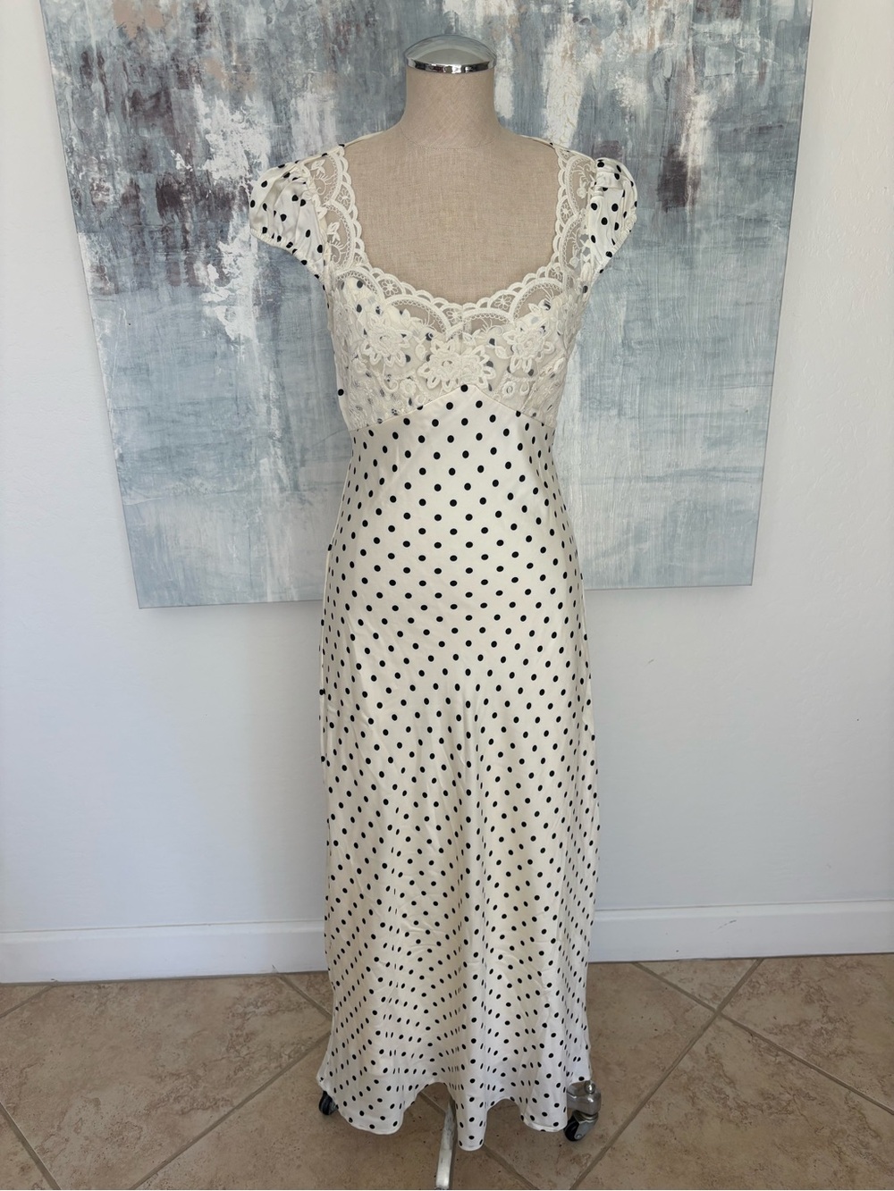 Jessica Simpson Ivory Polka Dot Lace Trim Maxi Dress